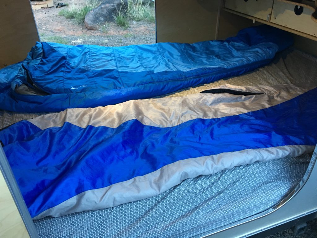 Sleeping Bags in the Teardrop Camper for cold nights